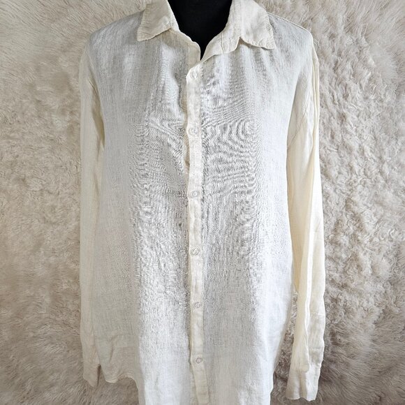 Focus Woman 100% Linen Cream Button Up Boyfriend Shirt Size M - Picture 1 of 10